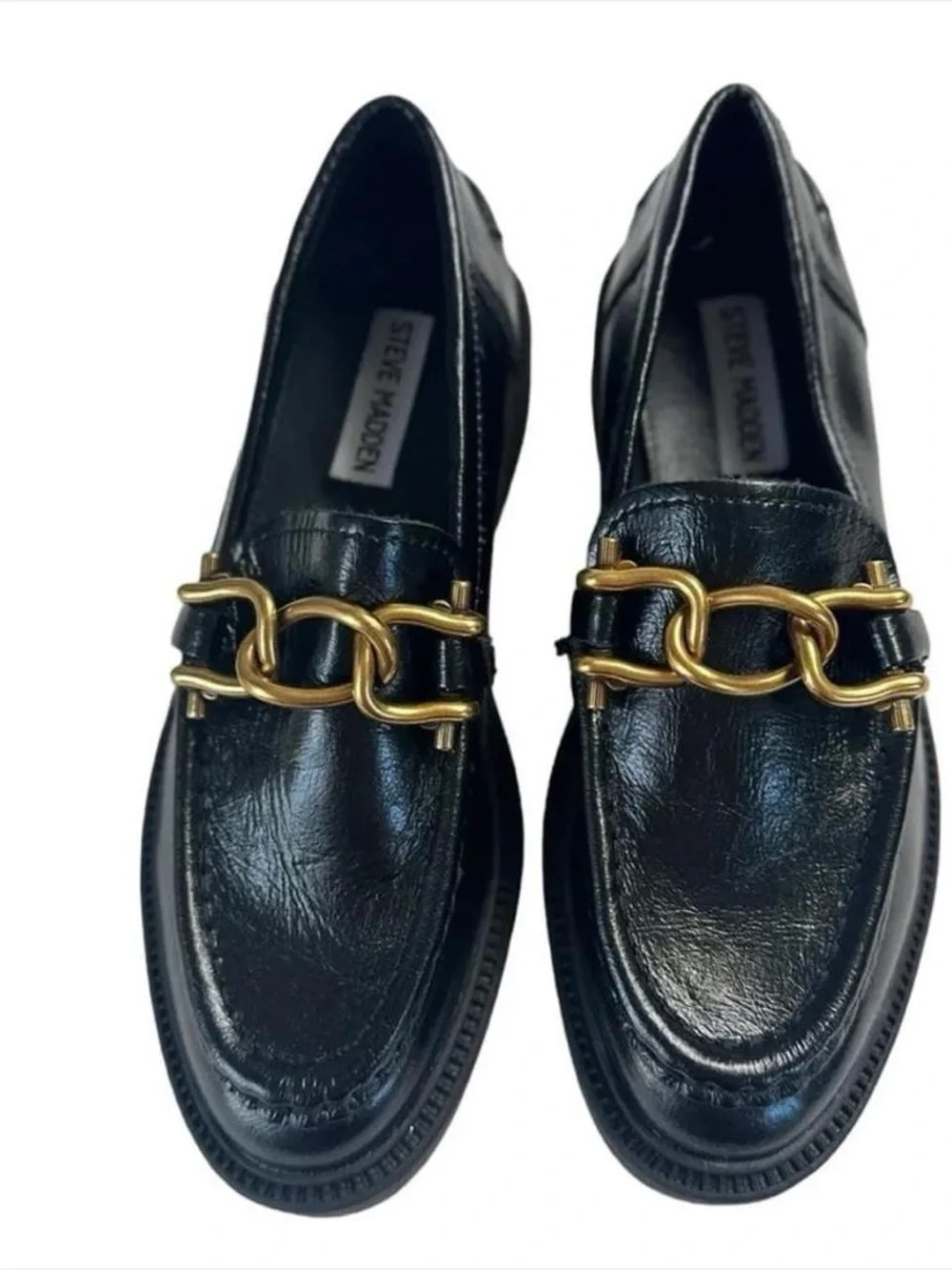 Steve Madden Black Leather Loafers with Gold Chain Accent